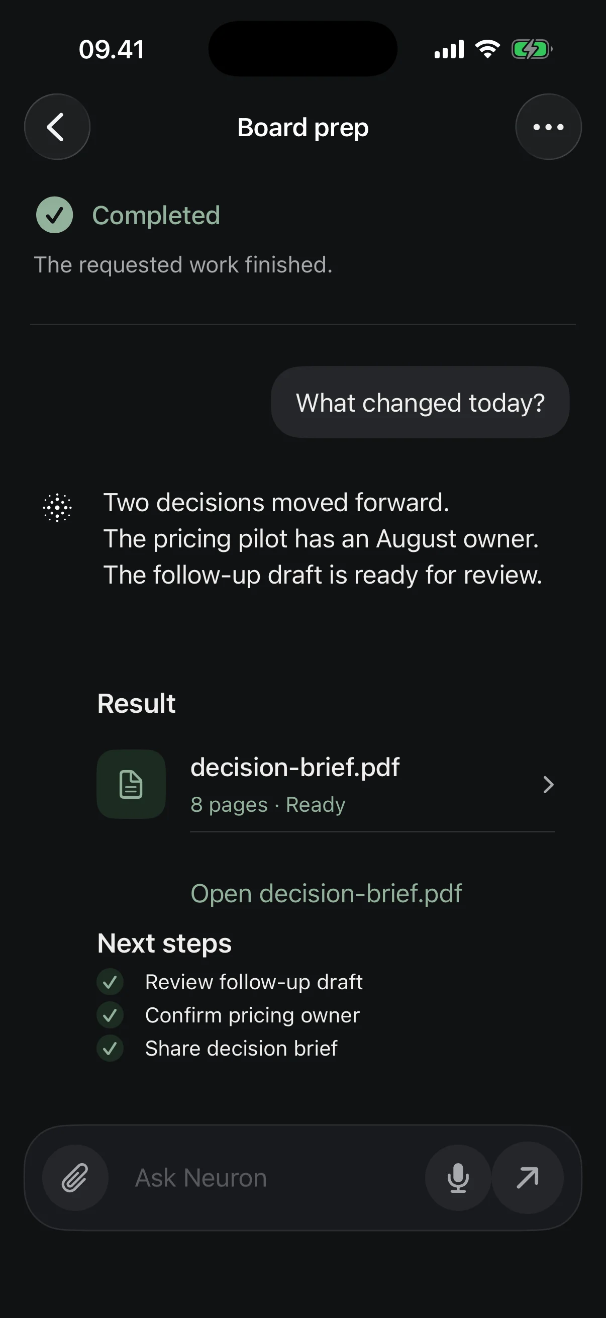 Neuron on iPhone showing a completed Conversation and its result in dark mode