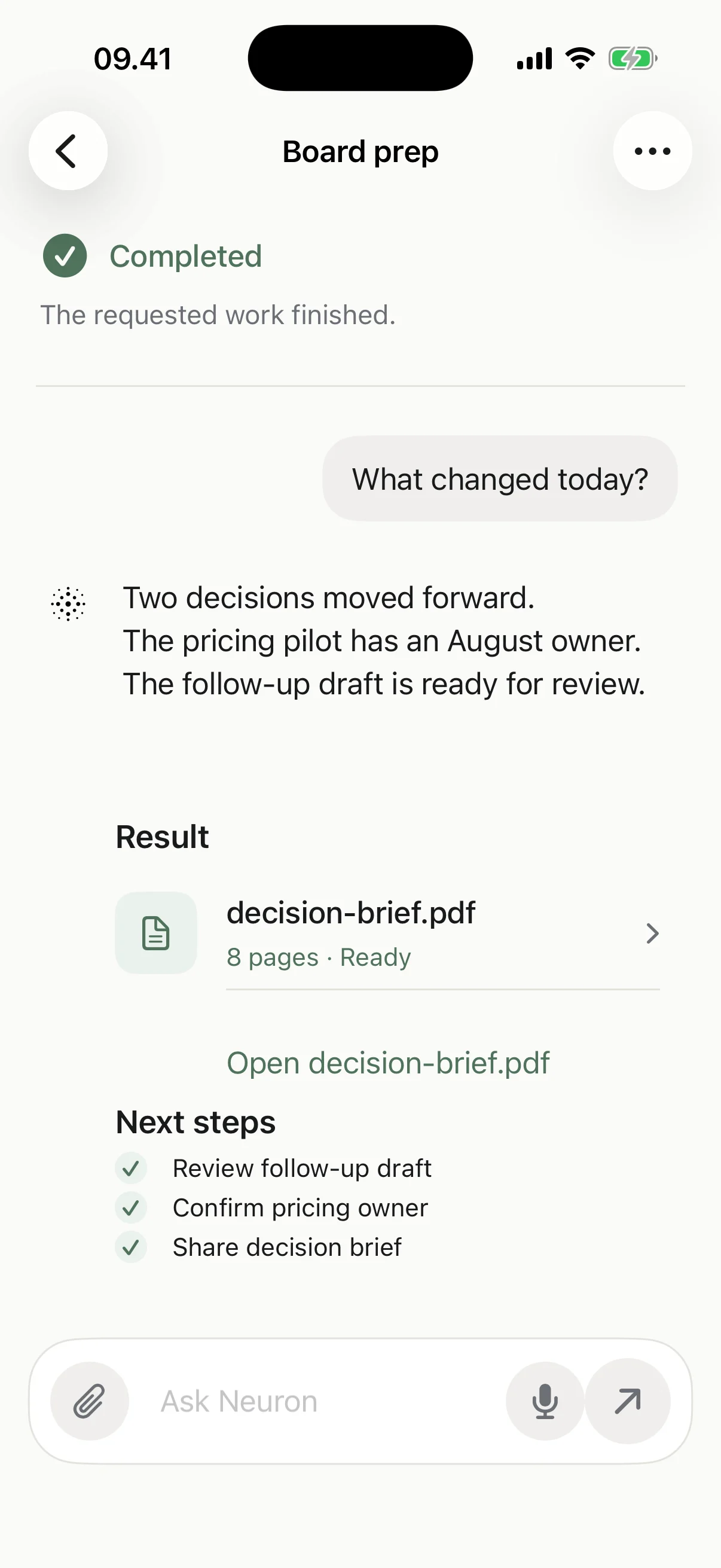 Neuron on iPhone showing a completed Conversation and its result