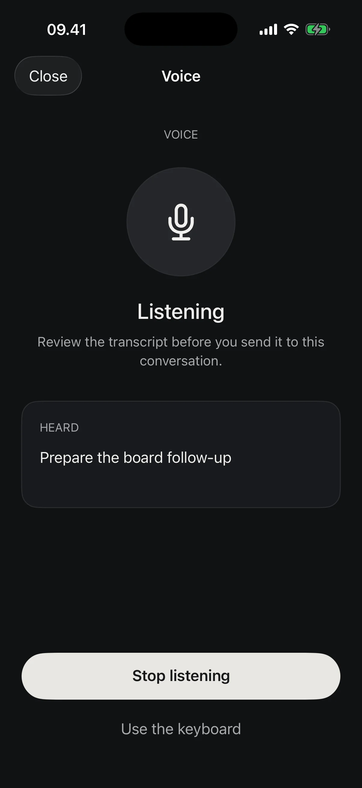 Neuron Voice on iPhone showing editable heard text before it is sent in dark mode