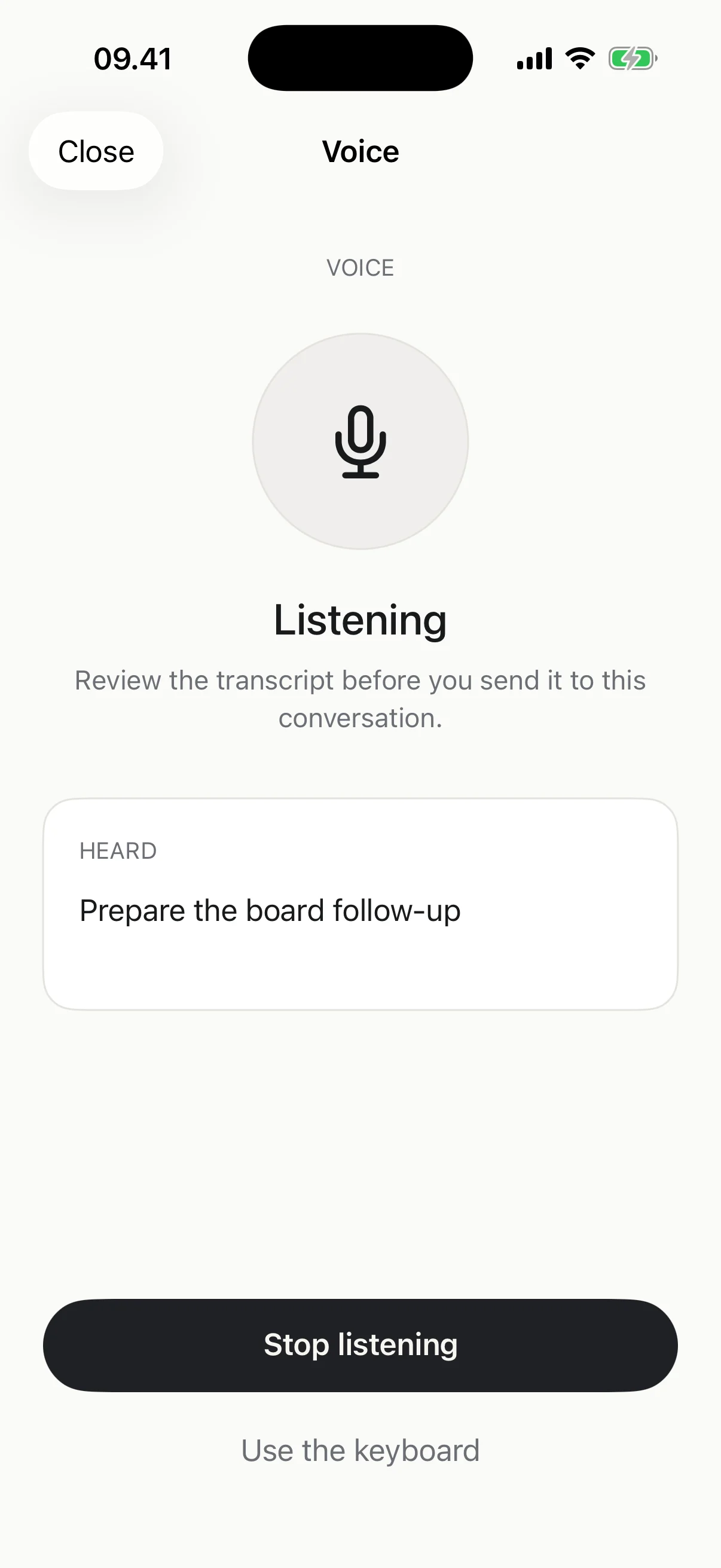Neuron Voice on iPhone showing editable heard text before it is sent