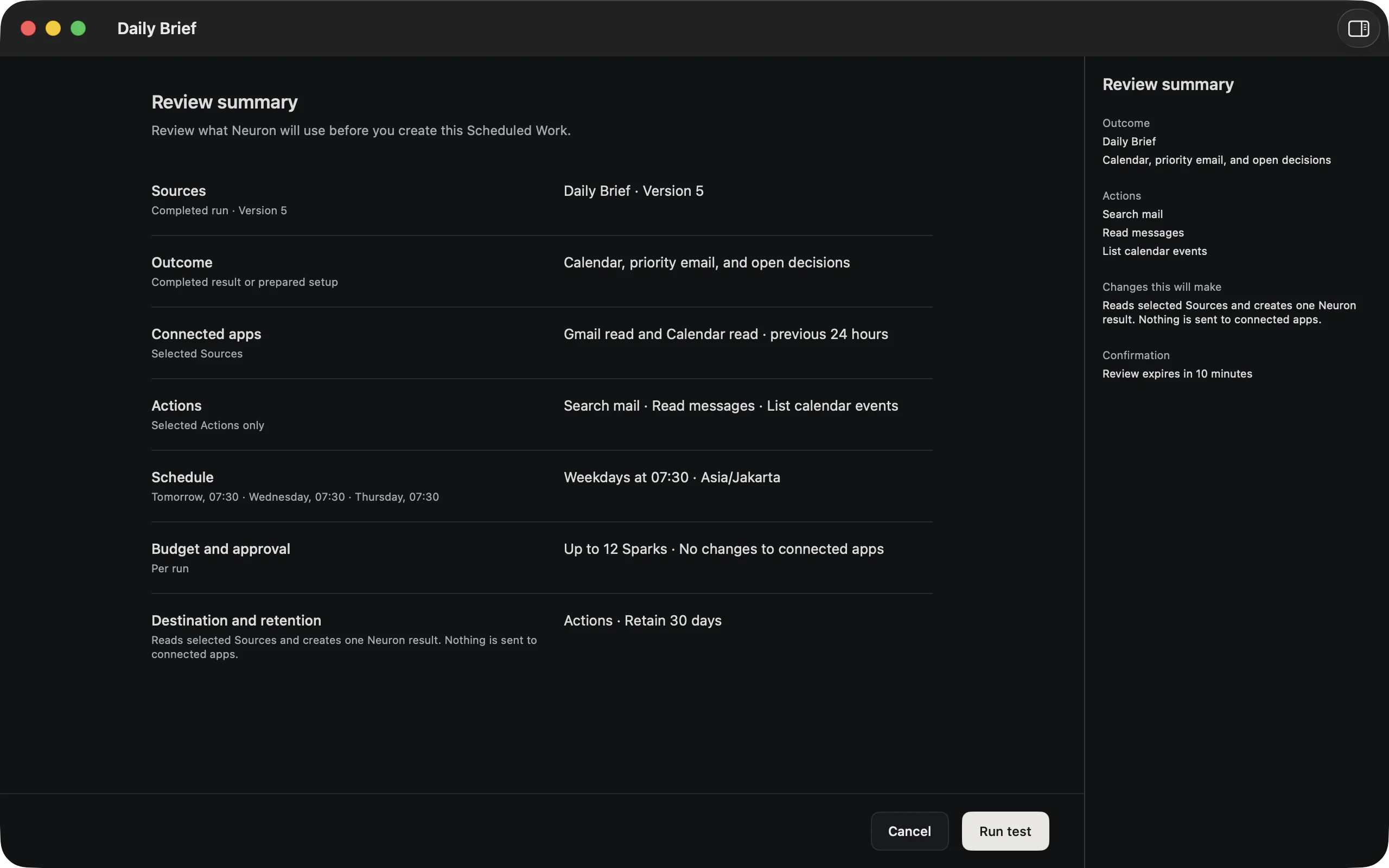 Neuron for macOS reviewing what Scheduled Work will use before it is created in dark mode