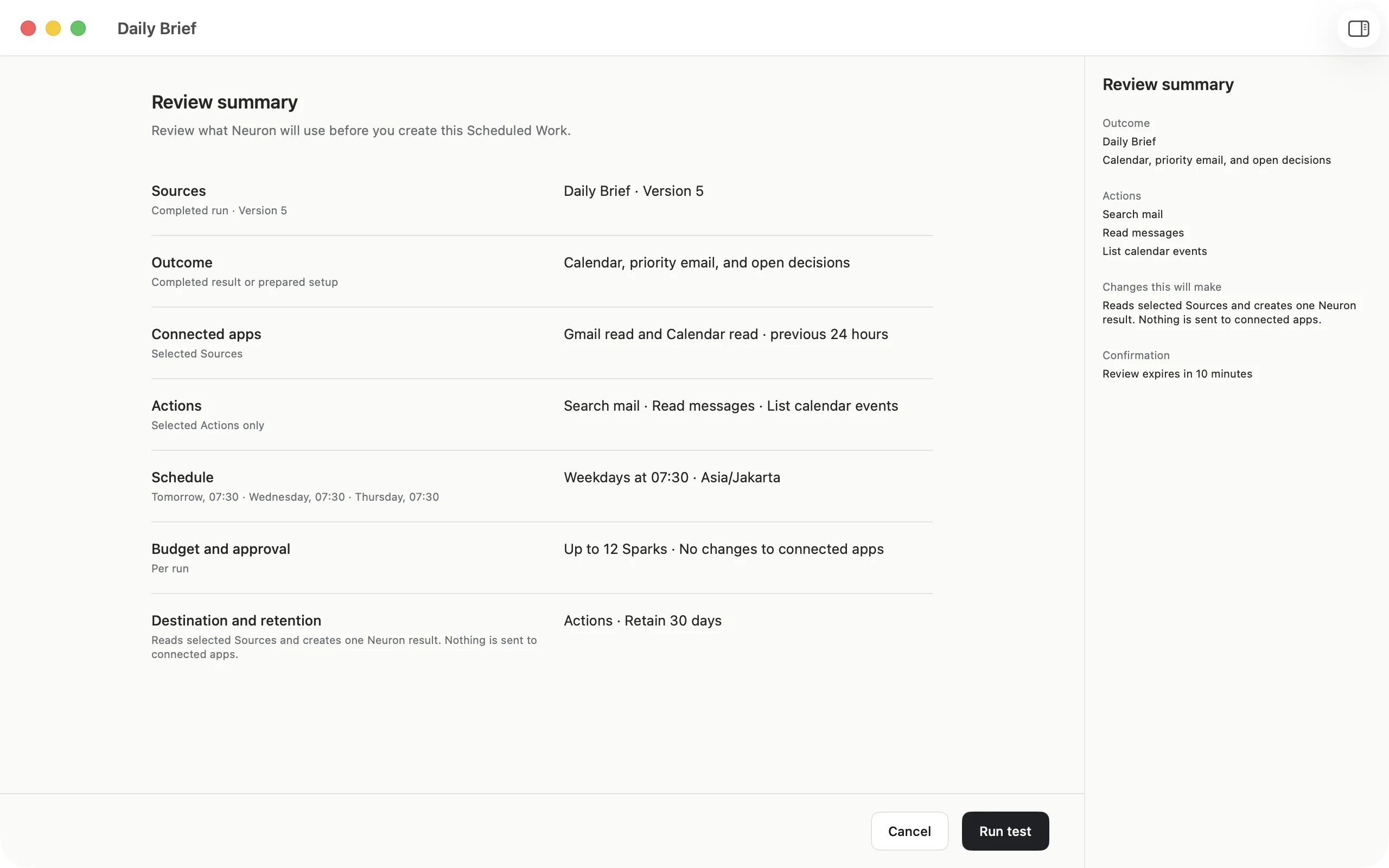 Neuron for macOS reviewing what Scheduled Work will use before it is created