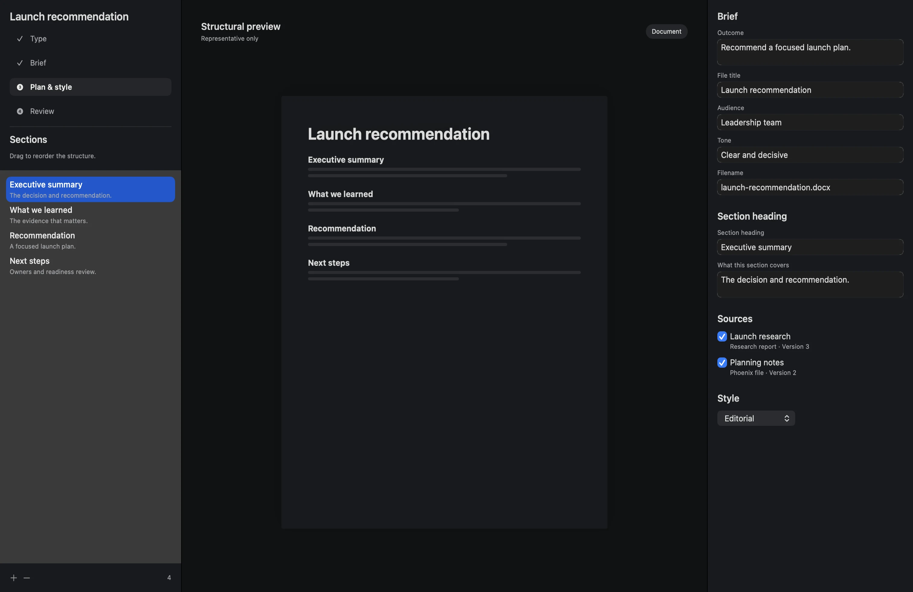 Neuron preparing a document from a reviewed plan in dark mode