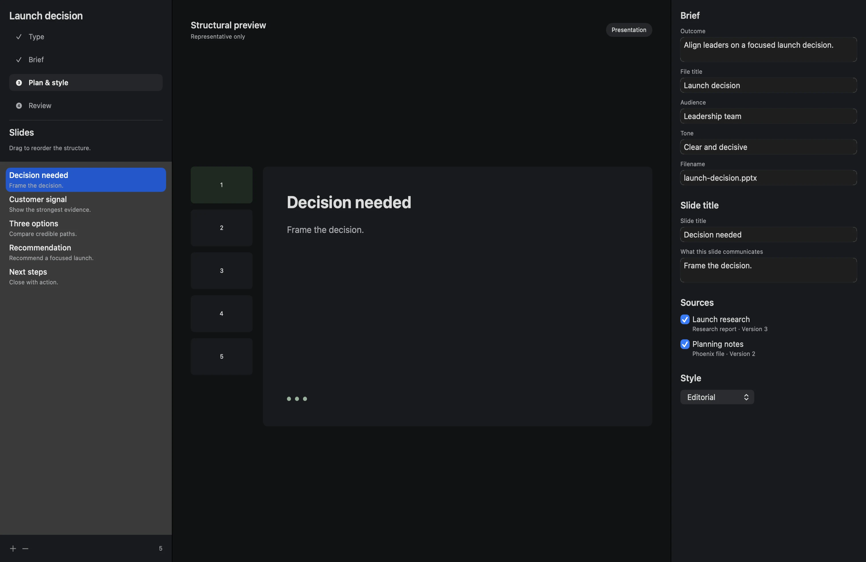 Neuron preparing a presentation from a reviewed plan in dark mode