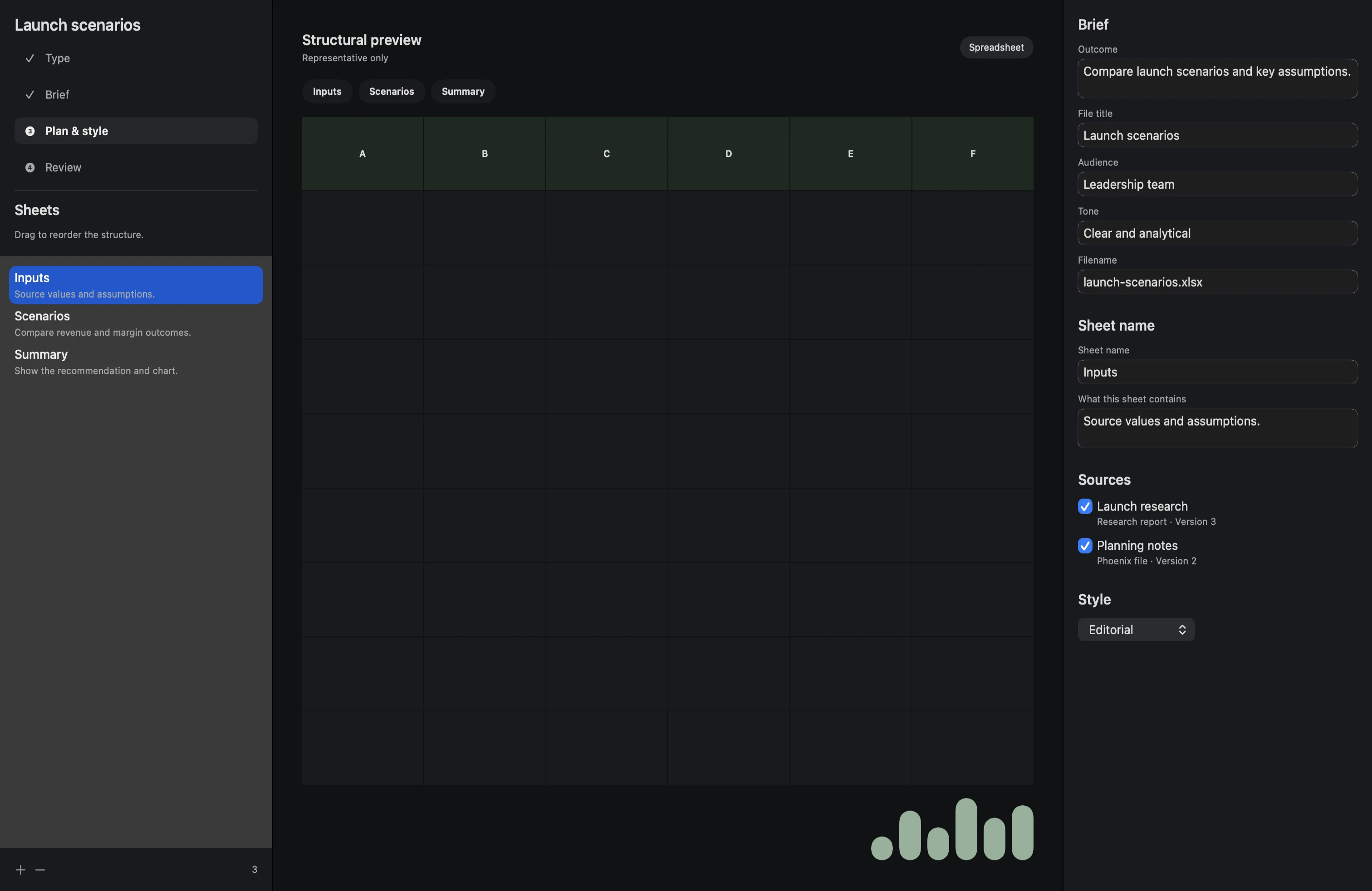 Neuron preparing a spreadsheet from a reviewed plan in dark mode