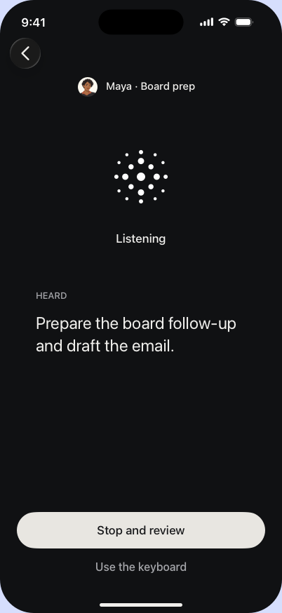 Plereme Voice on iPhone showing editable heard text before it is sent in dark mode