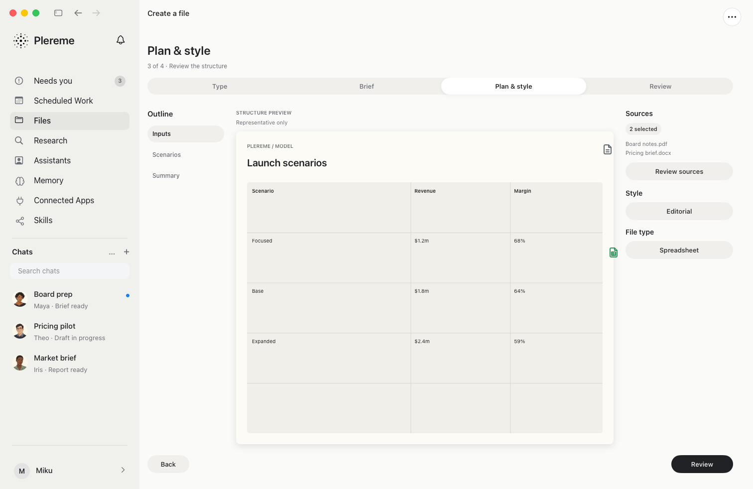 Plereme preparing a spreadsheet from a reviewed plan