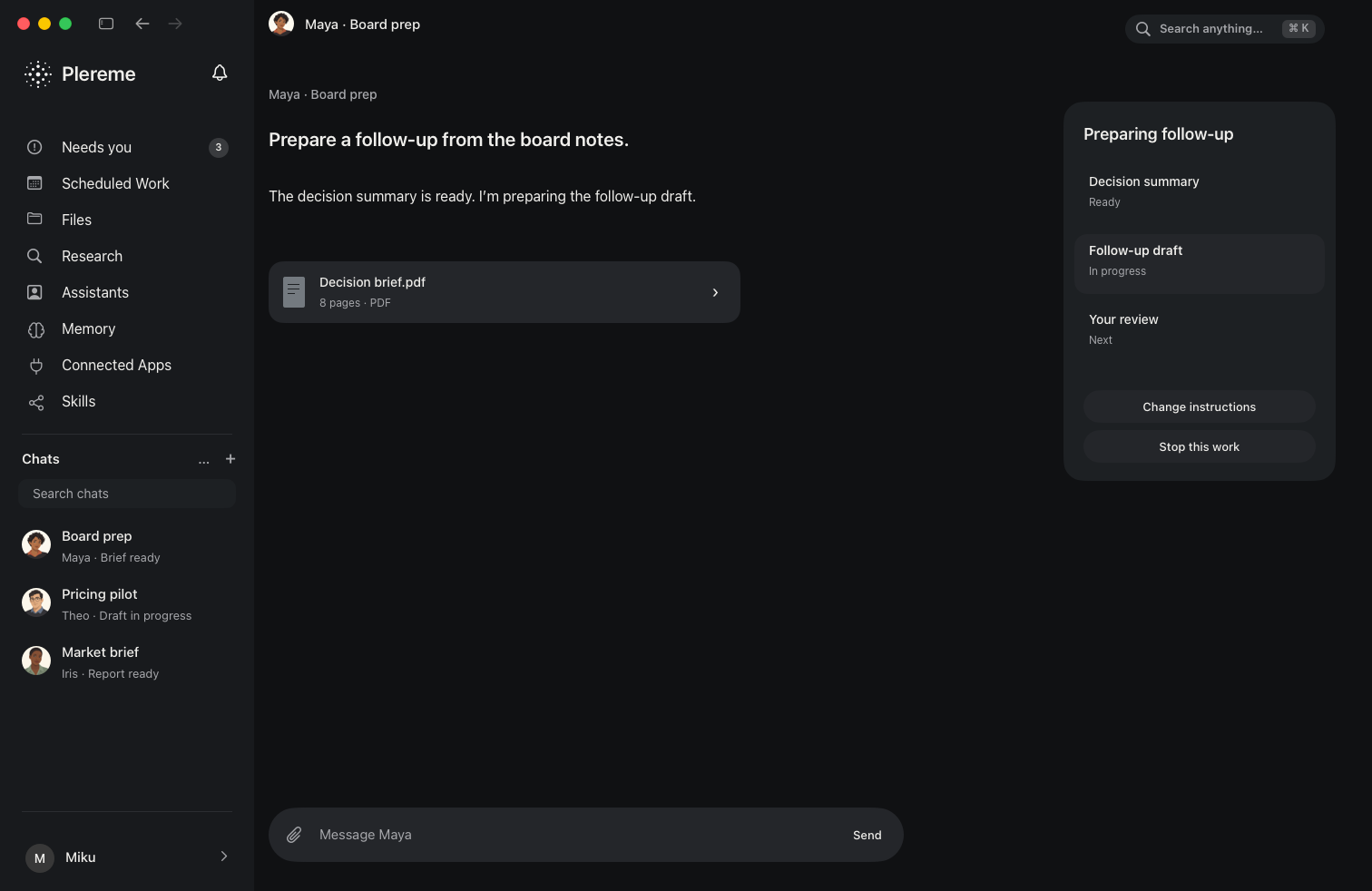 Plereme for macOS showing a Conversation beside Active Work and its progress in dark mode